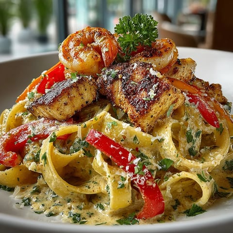 A plate of Cajun Chicken and Shrimp Pasta.