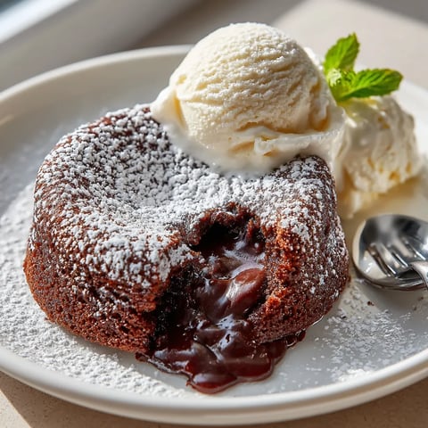 A cinnamon spiced chocolate lava cake with a scoop of ice cream on top.