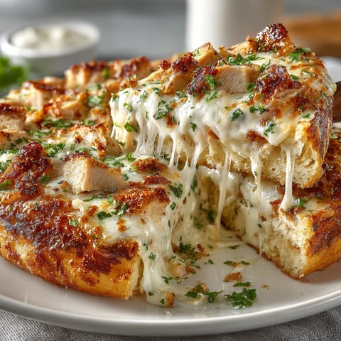 A slice of garlic alfredo chicken pizza.