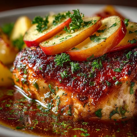 A plate of chicken with apples and cinnamon on top.
