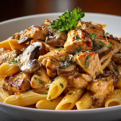 A plate of chicken and mushrooms over pasta.
