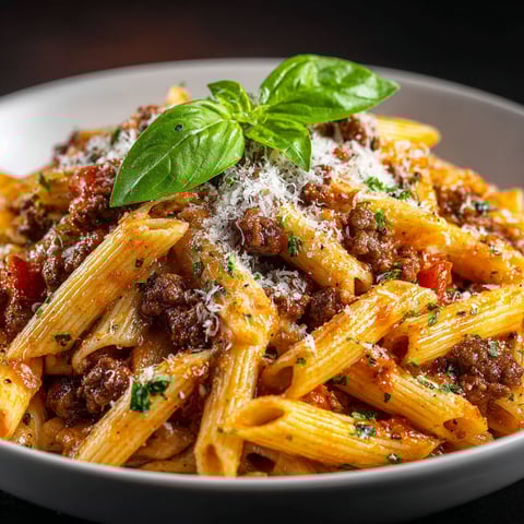 A plate of pasta with tomato sauce and ground beef.