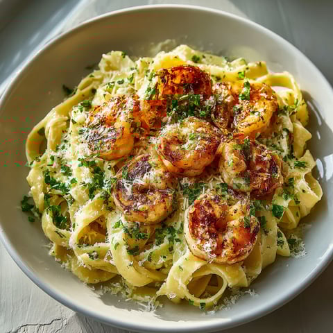 A bowl of pasta with shrimp and garlic butter.