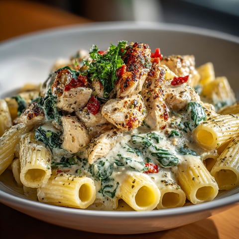 A plate of creamy spinach chicken rigatoni.