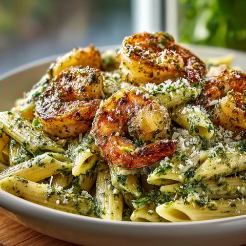 A bowl of shrimp and pasta with arugula pesto.