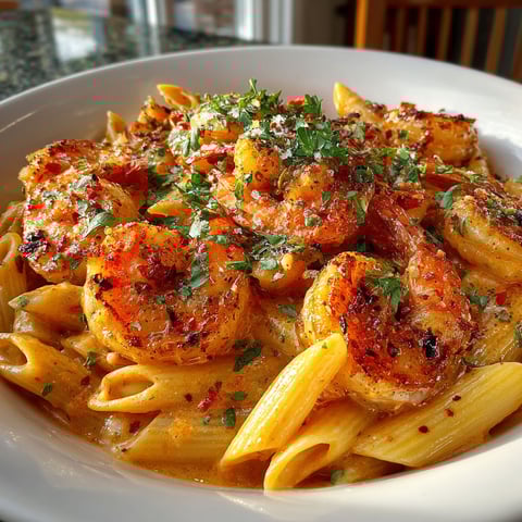 A plate of shrimp and pasta.
