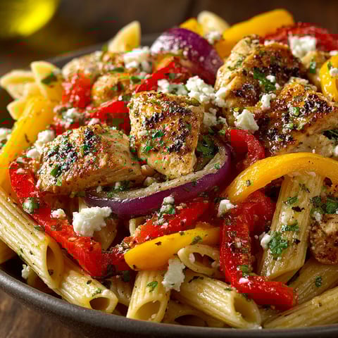 A plate of food with chicken, peppers, and pasta.