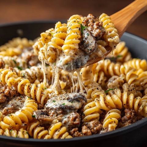 A bowl of pasta with mushrooms and cheese.