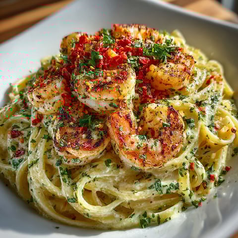 A plate of shrimp and pasta with pepper.