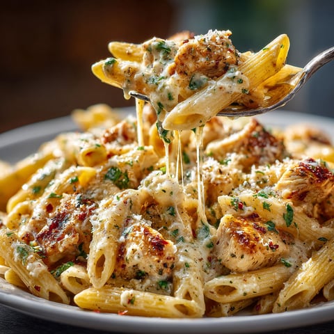 A plate of creamy chicken parmesan pasta.