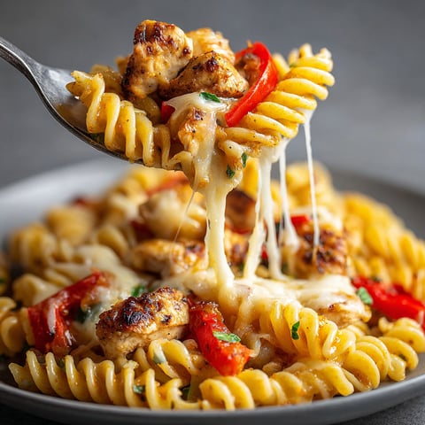 A fork is being used to eat a plate of pasta with chicken and peppers.