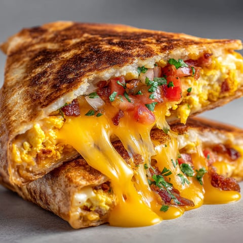 A breakfast burrito with cheese and tomatoes.