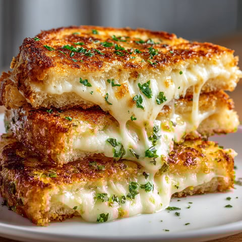 A stack of grilled cheese sandwiches with garlic bread.