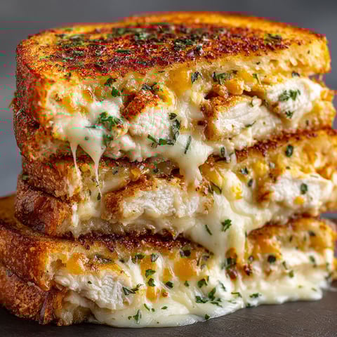 A stack of grilled cheese sandwiches with chicken and Alfredo sauce.