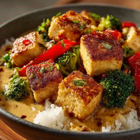 A bowl of spicy Thai peanut tofu with broccoli and peppers.