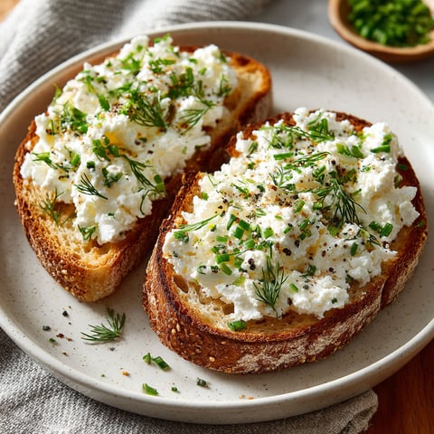 Two pieces of toast with garlic and herb cottage cheese on top.