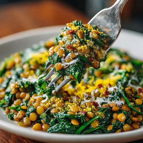 A fork is being used to eat a vegan lentil and spinach breakfast scramble.