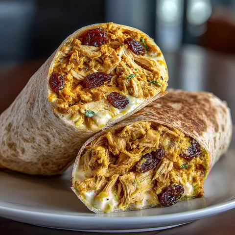 Two curried chicken wraps on a plate.