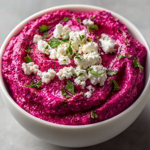 A bowl of red beet dip with white cheese on top.