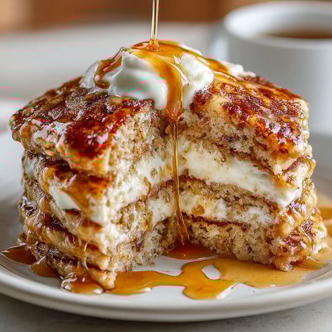 A stack of cashew apple pancakes with syrup drizzled on top.