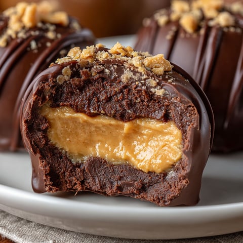 A chocolate peanut butter truffle with a bite taken out of it.
