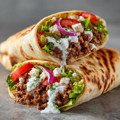 A wrap with meat and feta cheese.