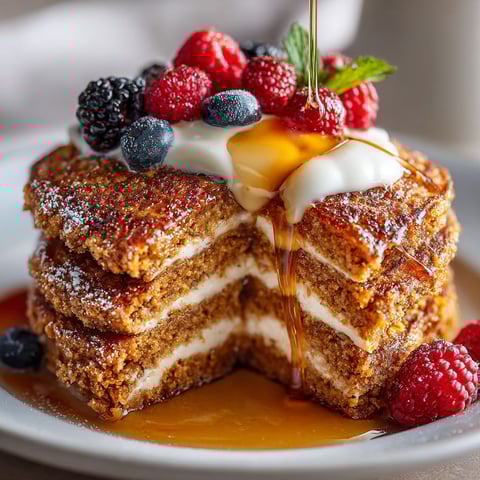 A stack of sweet potato pancakes with syrup drizzled on top.