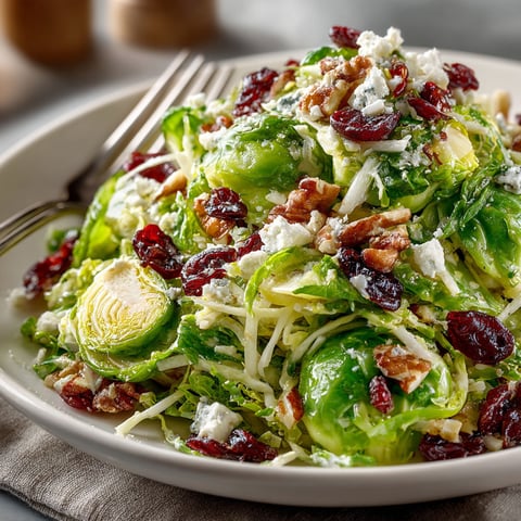 A plate of shaved Brussels sprout salad with feta and walnuts.