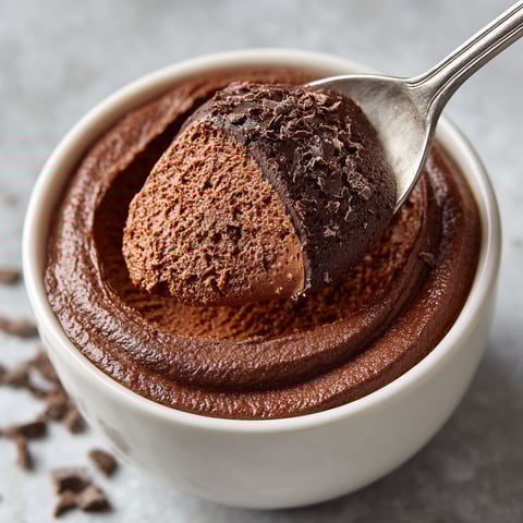 A spoon is in a bowl of chocolate mousse.