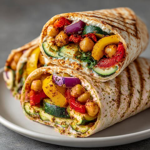 Two roasted veggie wraps on a plate.
