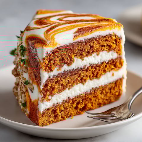 A slice of pumpkin spice cake with cream cheese swirl.