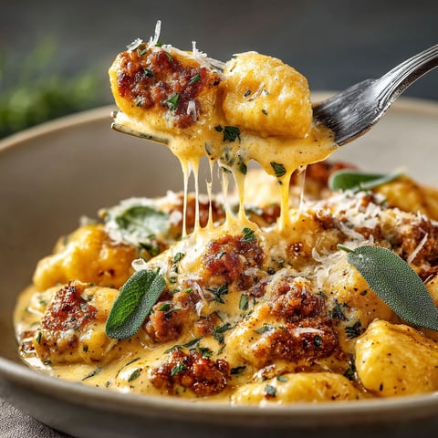 A plate of creamy butternut squash gnocchi with Italian sausage.