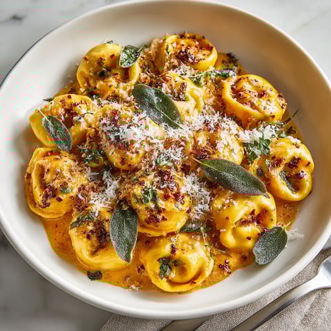 A bowl of pasta with a green herb on top.