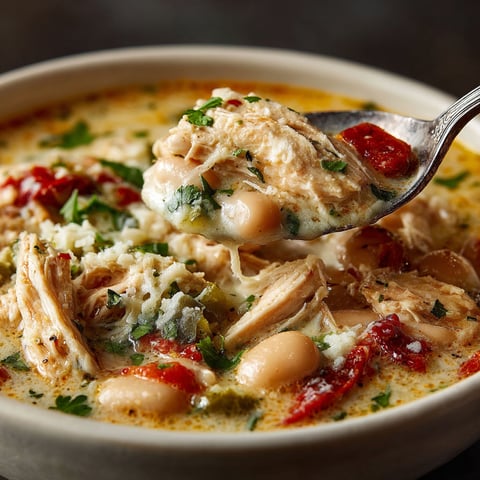 A spoon is in a bowl of soup.