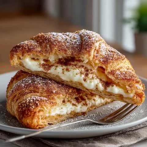 A plate with two crescent rolls filled with pumpkin cheesecake.