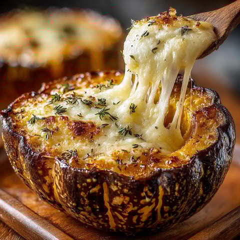 A close up of a caramelized onion and gruyere stuffed acorn squash.