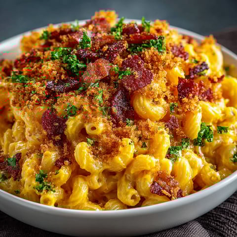A bowl of mac and cheese with bacon on top.
