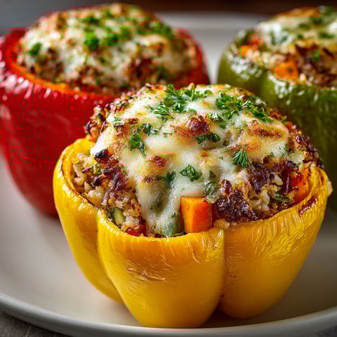 Three stuffed bell peppers with ground turkey and wild rice.