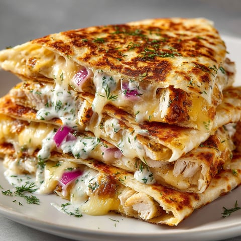 A stack of pickle-brined chicken quesadillas with tangy dill sauce.