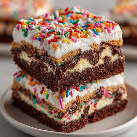 A stack of brownies on a plate.