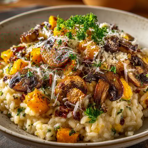 A bowl of food with mushrooms and rice.