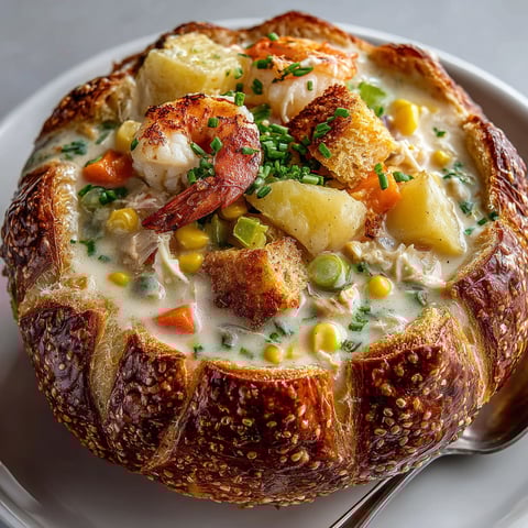 A bowl of fisherman's chowder with a bread bowl.