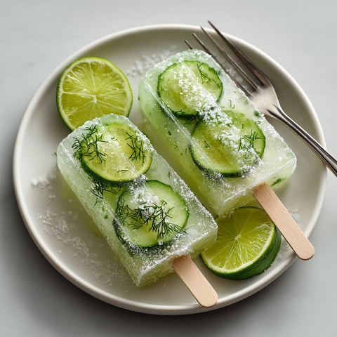 Two popsicles made with pickle juice and cucumber slices.