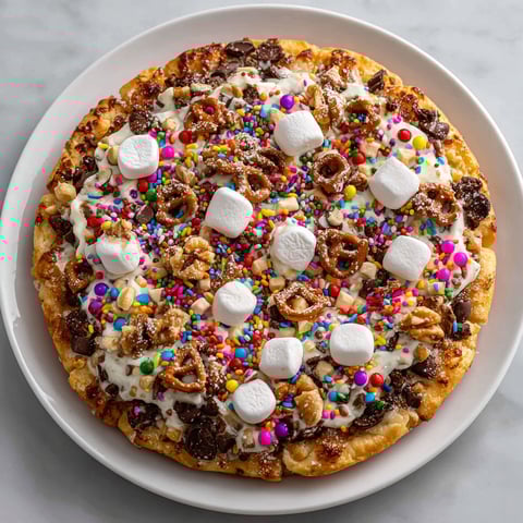 A pizza with random toppings on it.
