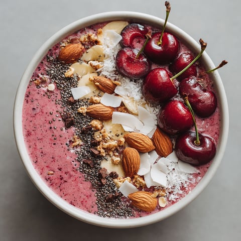 A bowl of cherry-vanilla smoothie with nuts and coconut on top.
