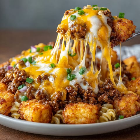 A plate of food with cheese and tater tots.