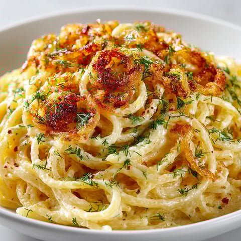 A bowl of pasta with garlic and yogurt.