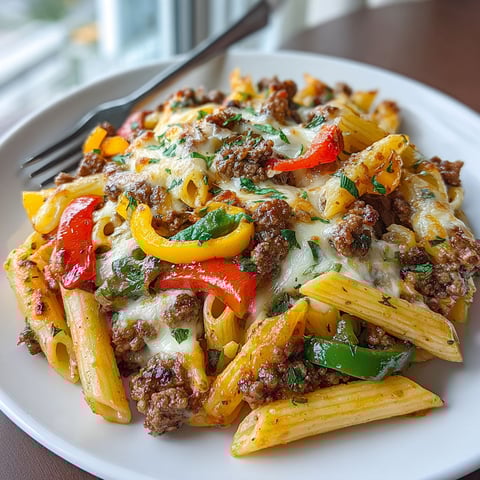 A plate of pasta with meat and vegetables.