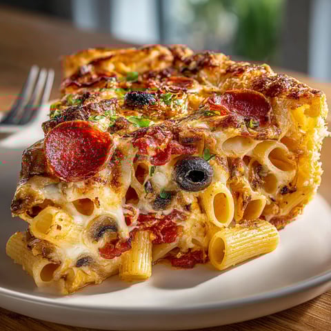 A slice of pizza with rigatoni noodles and olives.