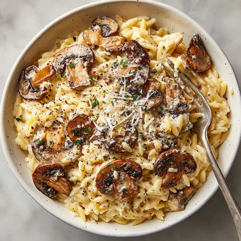 A bowl of pasta with mushrooms and cheese.